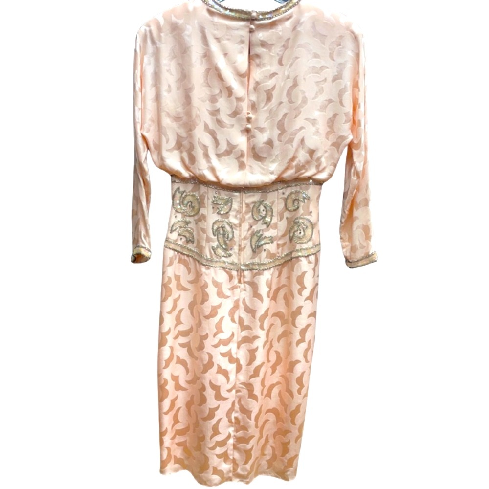 NWT Vintage AJ Bari Pink Silk Bead Sequin Bow Dolman Sleeve Evening Dress Sz 6 - Picture 2 of 10